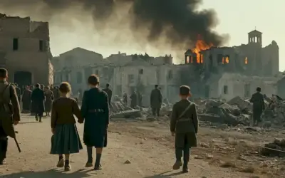 1930s Paisaje español con edificios destruidos