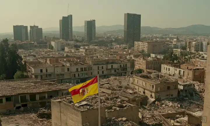 Paisaje urbano español de estilo 1970 con símbolos de declive industrial y económico (construmentos de desintegración, contaminación, huelgas), personas en protesta o desesperación, contrastadas con los rascacielos modernos y elementos de crecimiento económico (banners, banderas, símbolos de prosperidad)