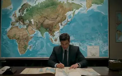 Persona sentada en un escritorio rodeado de mapas y gráficos