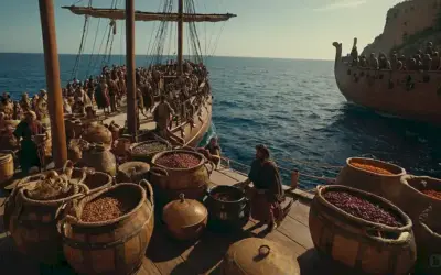 Nave mercante romana del siglo 1 navegando por el Mar Mediterráneo con carga llena de mercancías como jarras de vino