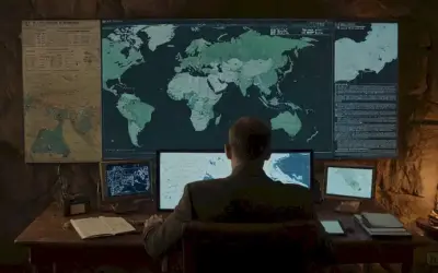El hombre que utiliza una computadora para investigar datos históricos y gráficos en diferentes facetas de la guerra