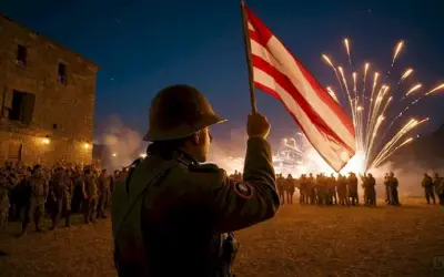 Historia de un soldado mirando hacia arriba con una bandera en mano mientras una ciudad se encuentra bajo fuegos artificiales. Párrafos largos o sinónimos son opcionales
