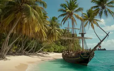 Naves de vela del siglo XV que se acercan a las costas del Caribe